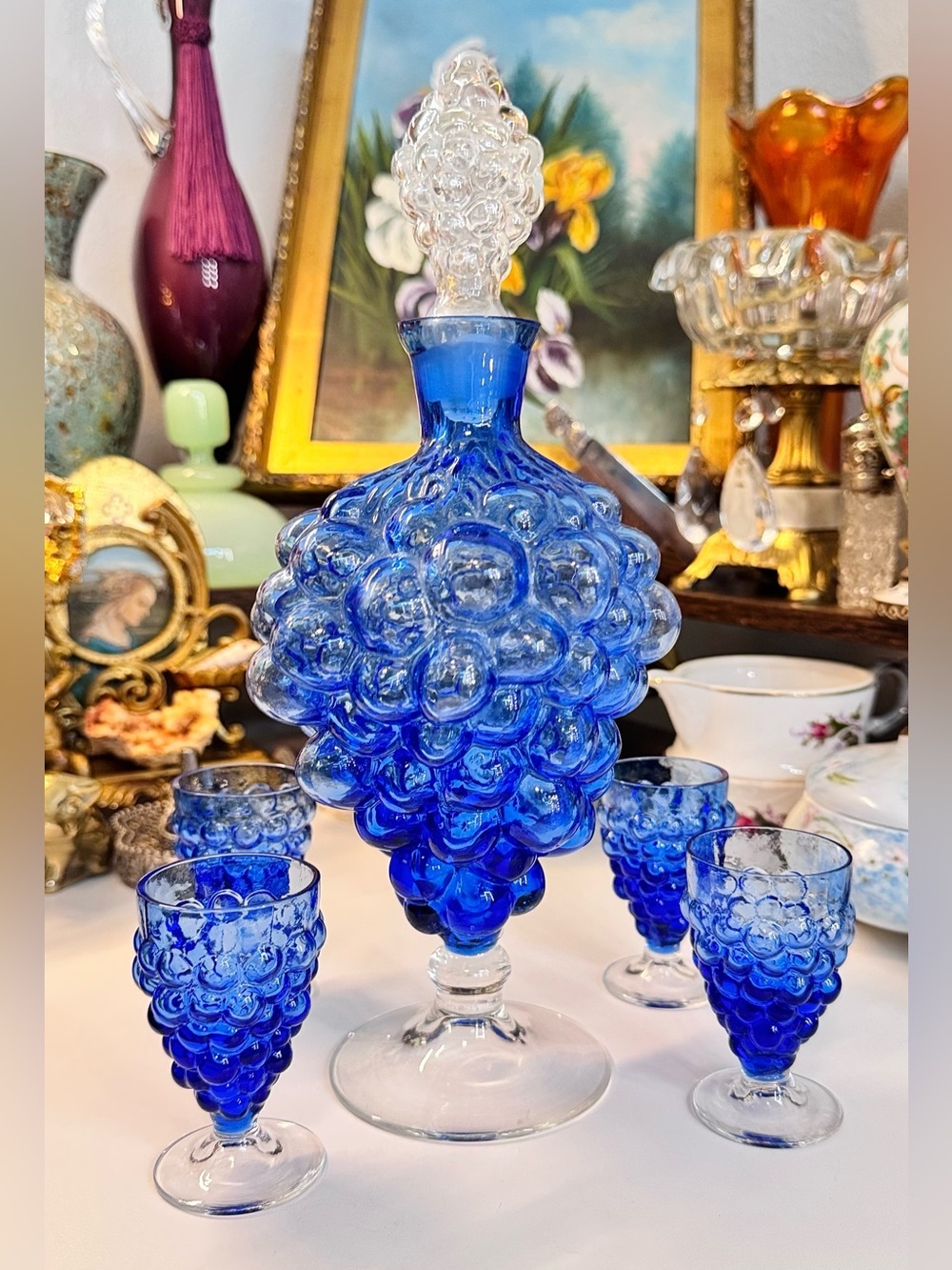 1950s–1960s Empoli Italian Cobalt Blue Grape Cluster Glass Decanter Set